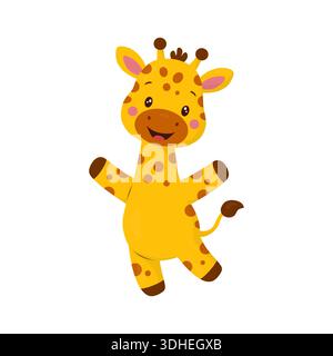 A cute giraffe jumping and smiling. Children's illustration in a flat vector style. This character is perfect for zoos, safari rides Stock Vector