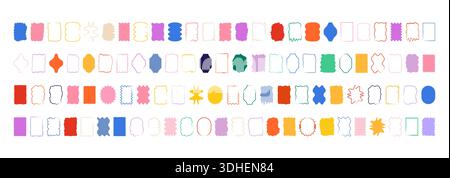 Set of colorful wavy rectangle labels. Bright box tags and caption strips for product callouts, price stickers and highlight text. Irregular rectangle silhouettes vector illustration. Stock Vector