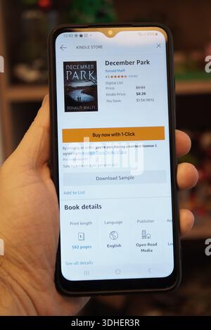 Reading Ronald Malfi's December Park on a smartphone Kindle app Stock Photo