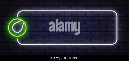 Neon tennis ball icon inside glowing frame creates a clean sports template. Minimal light effect works for matches, clubs, and training visuals. Stock Vector