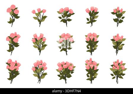 A bouquet of light pink roses. A large set of bouquets for your design. Vector illustration on a white background. Stock Vector