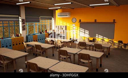 Sunlit empty elementary school classroom with wooden desks prepared for students to sit and learn. Educational institution lecture hall prepared for pupils academic lessons Stock Photo