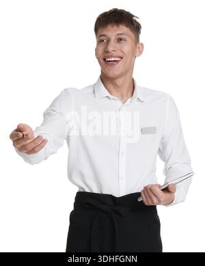 Waiter in uniform with notepad and pen on white background Stock Photo
