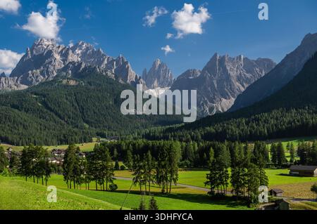 Green fields stretch out under a clear blue sky near tall mountains with trees. Sesto, Italy. Stock Photo