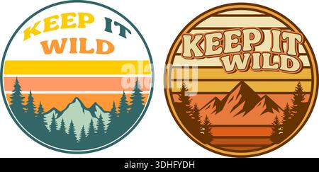 Set of outdoor adventure logos. Retro 70s 80s style sunset mountain graphic for t-shirt print and branding Stock Vector