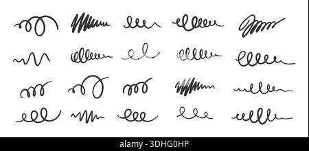 Scribbles Swirls and Spiral Loops Hand Drawn Curly Line Set. Black Ink Doodle Expressive Underlines, Swashes, Decorative Strokes for Collage Emphasis, Typography Divider Design. Vector Illustration Stock Vector