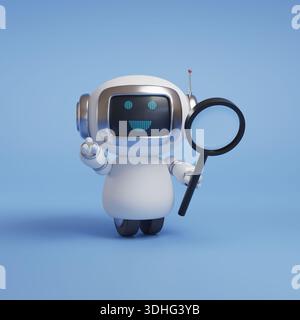 Cute robot with a magnifying glass in its hand. 3d illustration. Stock Photo