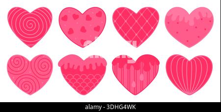Cute pink and red heart set. Psychedelic vibrant color hearts filled with various abstract geometric shapes, decorative vector doodle cliparts Stock Vector