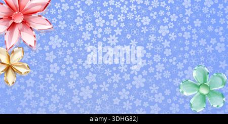 Large crystal flowers in red, gold, and green on blue background with small white flowers. Stock Vector