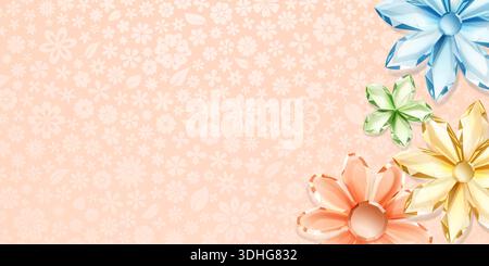 Crystal flowers in shades of blue, green, yellow, and orange on a peach background with floral pattern. Stock Vector