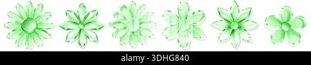 Set of green crystal flowers with soft shadows and varying petal shapes on a white background, showcasing intricate details and reflections. Stock Vector
