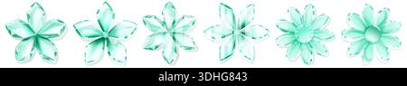 Set of crystal flowers with soft shadows on white background, in pastel green color, with various petal shapes and sizes, and subtle reflections. Stock Vector