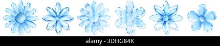 Set of blue crystal flowers with soft shadows on white background, in style and color of crystal. Stock Vector