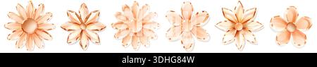 Set of peach-colored crystal flowers with soft shadows on white background, resembling precious gems. Stock Vector