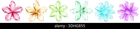 Set of crystal flowers in pastel shades with soft shadows on white background, resembling precious gems. Stock Vector