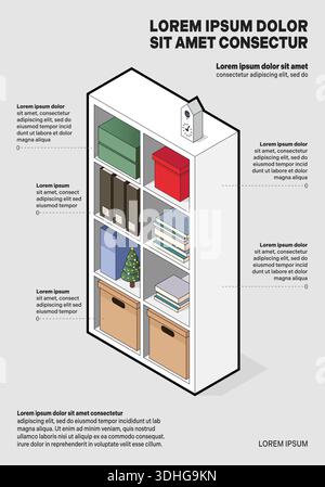 Infographic of isometric shelves with books and objects decoration. Vector illustration Stock Vector