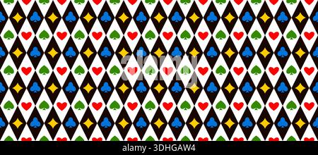 Colorful seamless playing cards pattern. Repeating spades, hearts, diamonds, clubs symbols background. Poker or casino table theme wallpaper. Repeated rhombus gambling concept texture. Vector Stock Vector