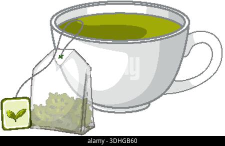 A clean vector illustration of green tea in a white cup with a teabag Stock Vector