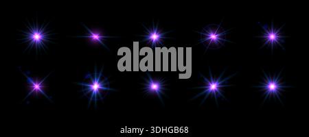 Purple iridescent glowing sparkling set. Magical stars, twinkles or sparks glowing pack. Shining light flare effect collection. Starlight rays radiance elements. Vector beam or cold star bursts bundle Stock Vector