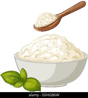 A white bowl filled with cottage cheese, a wooden spoon, and green basil leaves Stock Vector