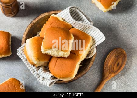 Sweet Homemade Small Slider Dinner Roll Buns in a Basket Stock Photo
