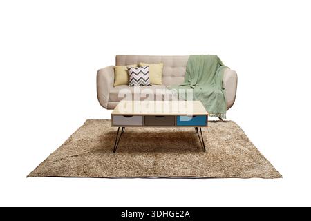 A comfortable chaise lounge with a unique wooden table on a cozy furry carpet Stock Photo