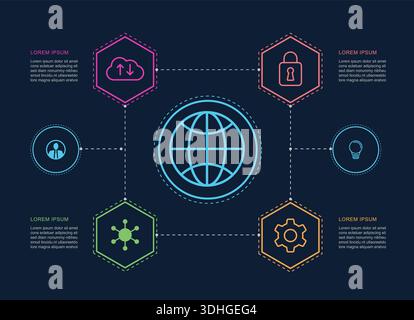 Future of innovation infographic with hexagonal data digital technology and cloud security. Stock Vector