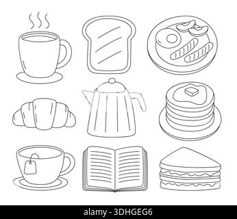 Hand drawn breakfast time set in doodle style. Stock Vector