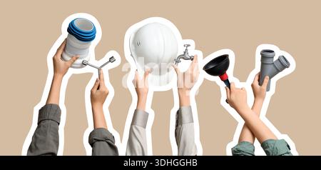 Hands with hardhat and plumber's tools on grey background Stock Photo