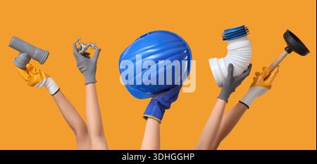 Hands with hardhat and plumber's tools on yellow background Stock Photo