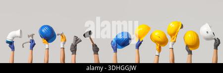 Many hands with hardhats and plumber's tools on grey background Stock Photo