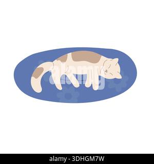 Cat sleeping on blue pillow isolated background is white. Flat vector illustration. Domestic cat sleeps peacefully on its soft bed Stock Vector