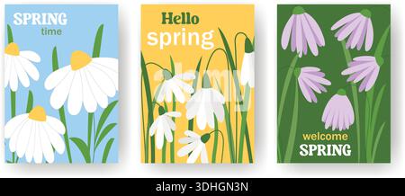 Hello Spring - set posters with first flowers. Vertical templates with welcome text and blooming wildflowers. Floral design for postcards, posters Stock Vector