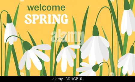 Welcome spring banner. Blooming snowdrops on bright yellow textured background with welcome text. Horizontal floral template for posters, flyers Stock Vector