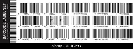 Realistic black barcode stickers with thick and thin lines. Ean symbol on price tag or product identification and scanning Stock Vector