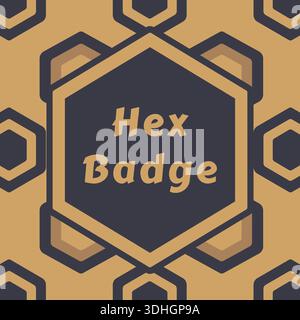 Hexagon shaped badge with repeating line pattern and hex badge text in warm tan and dark navy tones Stock Vector