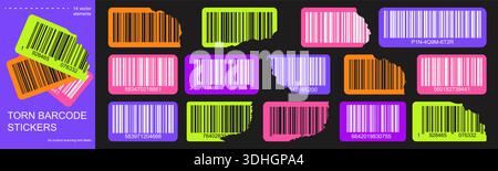 Torn bar code stickers set with colorful labels. Vector barcode tags with ripped edges for product scanning and packaging Stock Vector