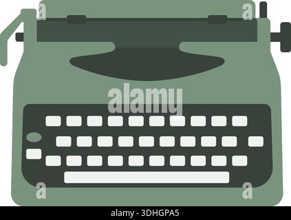 Flat illustration of a green typewriter with keys and a paper slot shown from the front Stock Vector