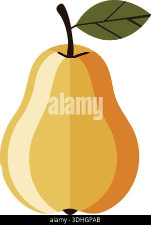 Flat illustration of a ripe yellow pear with a green leaf and soft shading Stock Vector