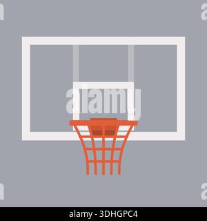 Minimal illustration of a basketball backboard with an orange rim and net centered on a gray square Stock Vector