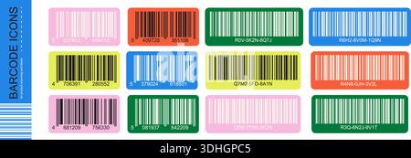 Colorful bar code icon set with rounded rectangle labels. Multicolor barcode stickers with numbers for product scanning and identification Stock Vector