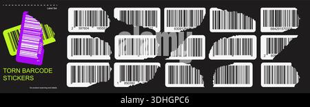Torn barcode stickers set with ripped paper edges on dark background. Collection of product label templates for product scanning and identification Stock Vector