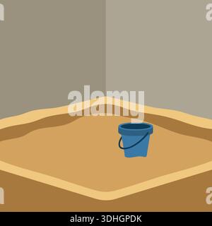 Simple illustration of a sandpit with layered sand and a small blue bucket inside Stock Vector
