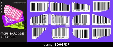 Torn barcode stickers set with ripped label edges. Collection of fake product label templates with numbers for product scanning and identification Stock Vector