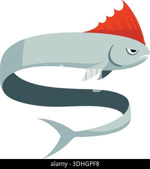 Flat cartoon illustration of an eel with a long curved body and a red fin along the back Stock Vector