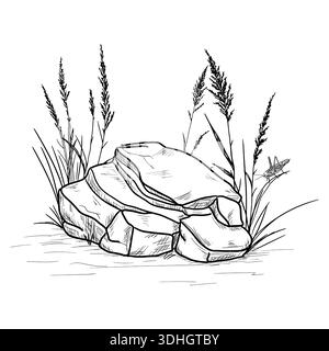 A stone lies on the ground, grass grows nearby, a grasshopper sits, black and white sketch. Vector illustration. Boulder in the bushes isolated on a w Stock Vector