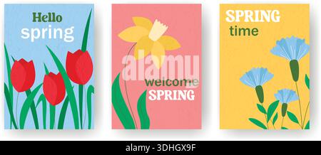 Set of spring cards with flowers and text. Textured templates with tulips, cornflowers, and daffodils. Hello Spring layouts for posters, flyers Stock Vector