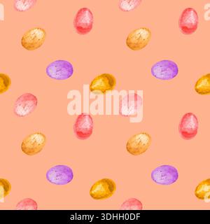 Colored watercolor Easter eggs. Easter seamless pattern, watercolor hand drawn illustration. Texture for fabric, wrapping, wallpaper, print. Stock Photo