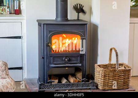 Logs burning in roaring fire of Clearview stove in domestic residential living room, UK Stock Photo