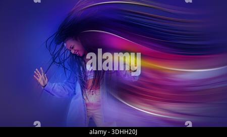 Futuristic artwork abstract portrait of smiling woman with flowing light trails Stock Photo